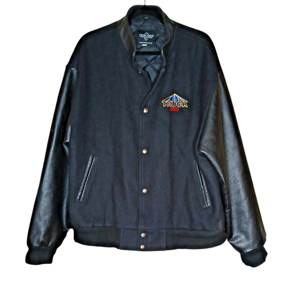 Vintage Mens XL GM Truck 360 Varsity Jacket Black Leather Sleeves Full Snap - Picture 3 of 11